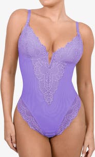 Popilush Plus Size Shapewear Lace Deep V-Neck Sculpting Thong Bodysuit