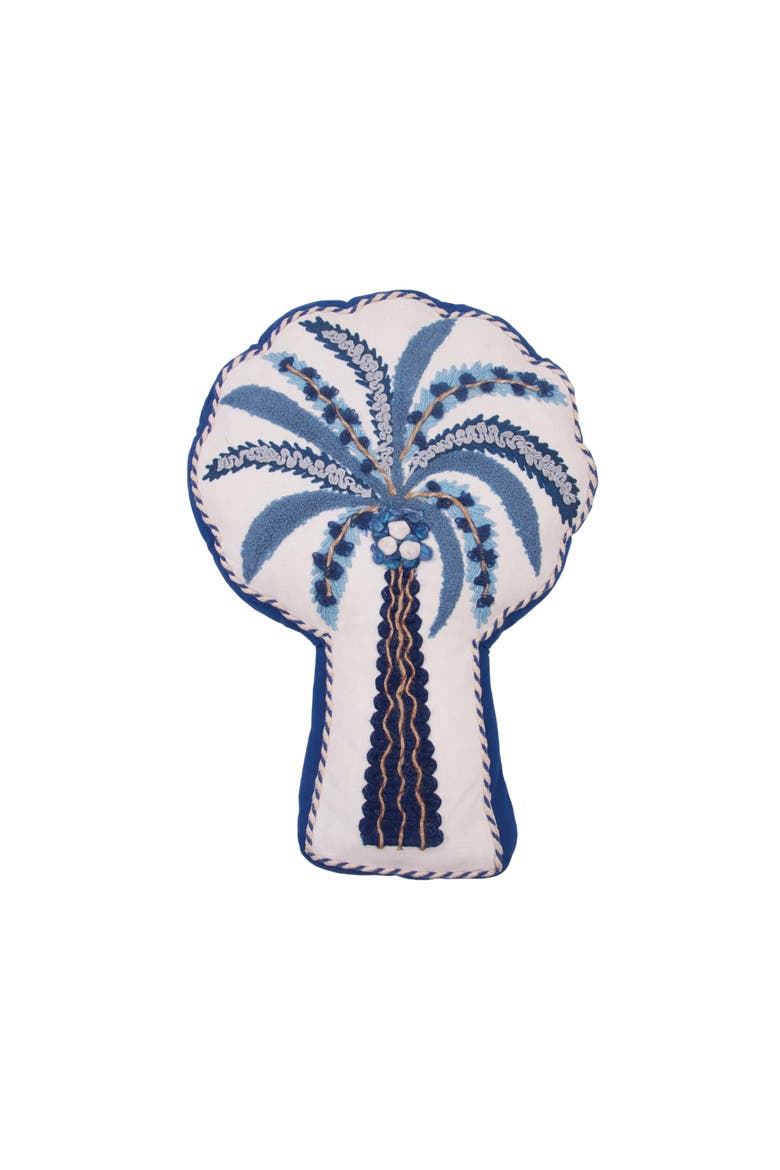 Beaded Indigo Tropical Palm Tree Embellished Woven Shaped Throw Pillow, 11" x 17", Main, color, Blue