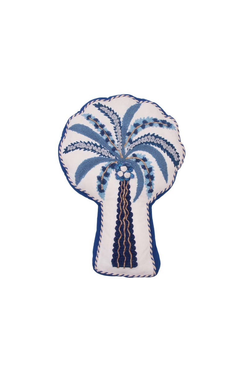 C&F Home Beaded Indigo Tropical Palm Tree Embellished Woven Shaped Throw Pillow, 11" x 17", Main, color, Blue