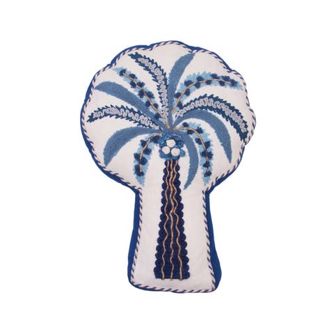 Beaded Indigo Tropical Palm Tree Embellished Woven Shaped Throw Pillow, 11" x 17"