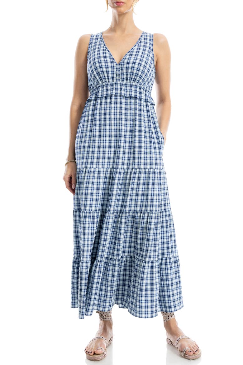 Sleeveless Empire Waist Tiered Maxi Dress, Alternate, color, NAVY/ SKY CHECK