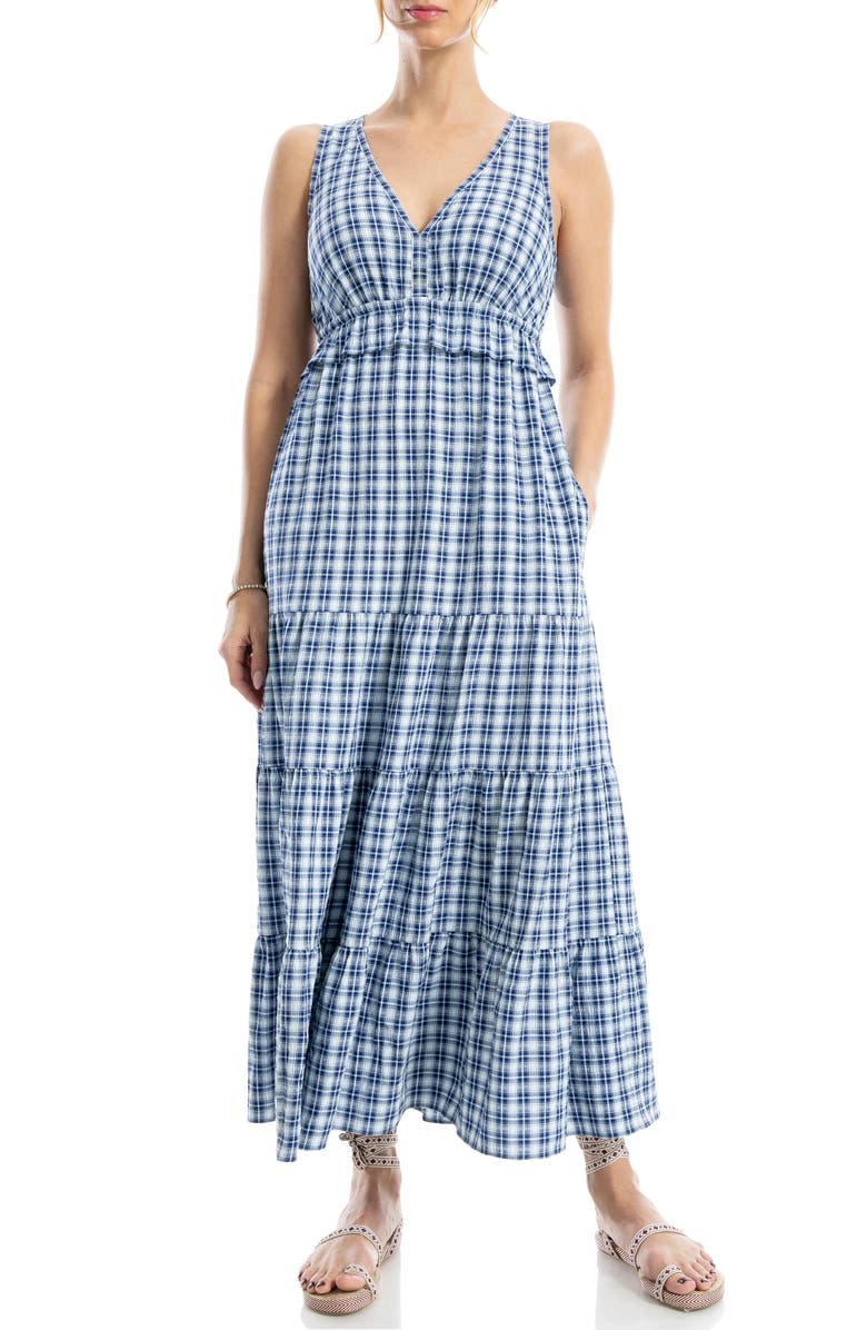 MAX STUDIO Sleeveless Empire Waist Tiered Maxi Dress, Alternate, color, Navy/ Sky Check
