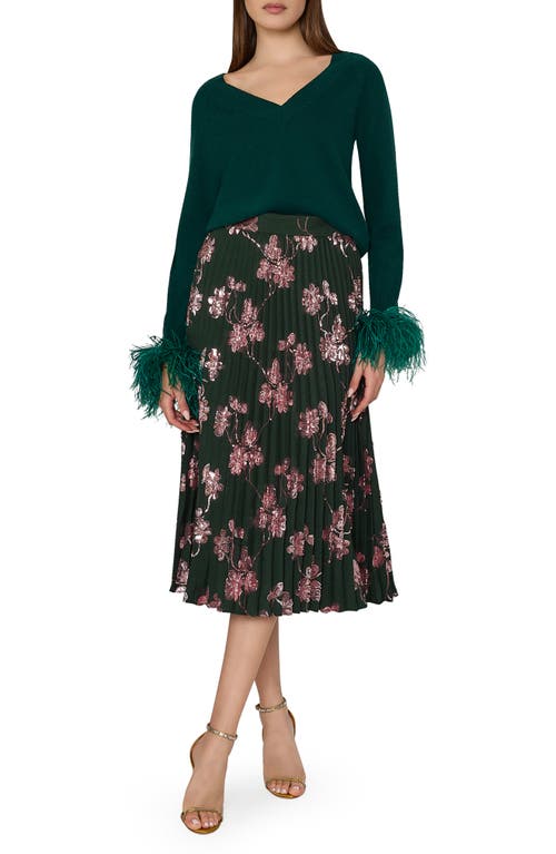 Shop Milly Rayla Sequin Flower Pleated Midi Skirt In Dark Green Pink