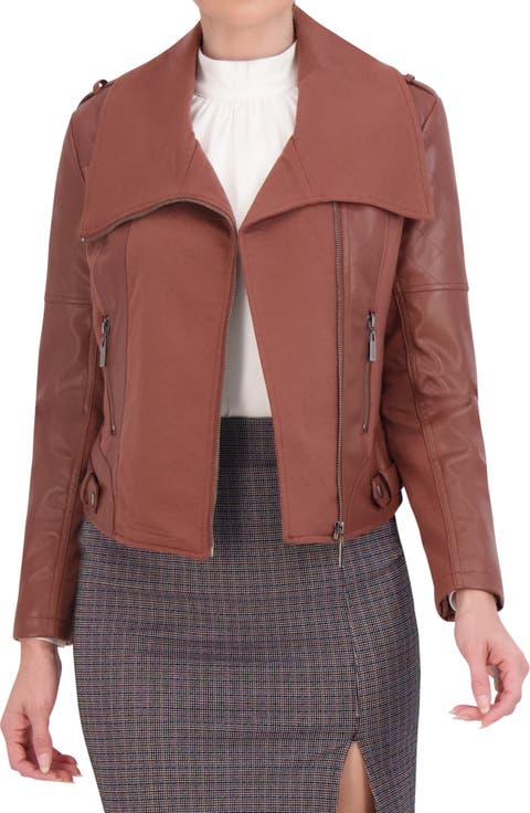 Faux Leather Mix Quilt Drape Jacket