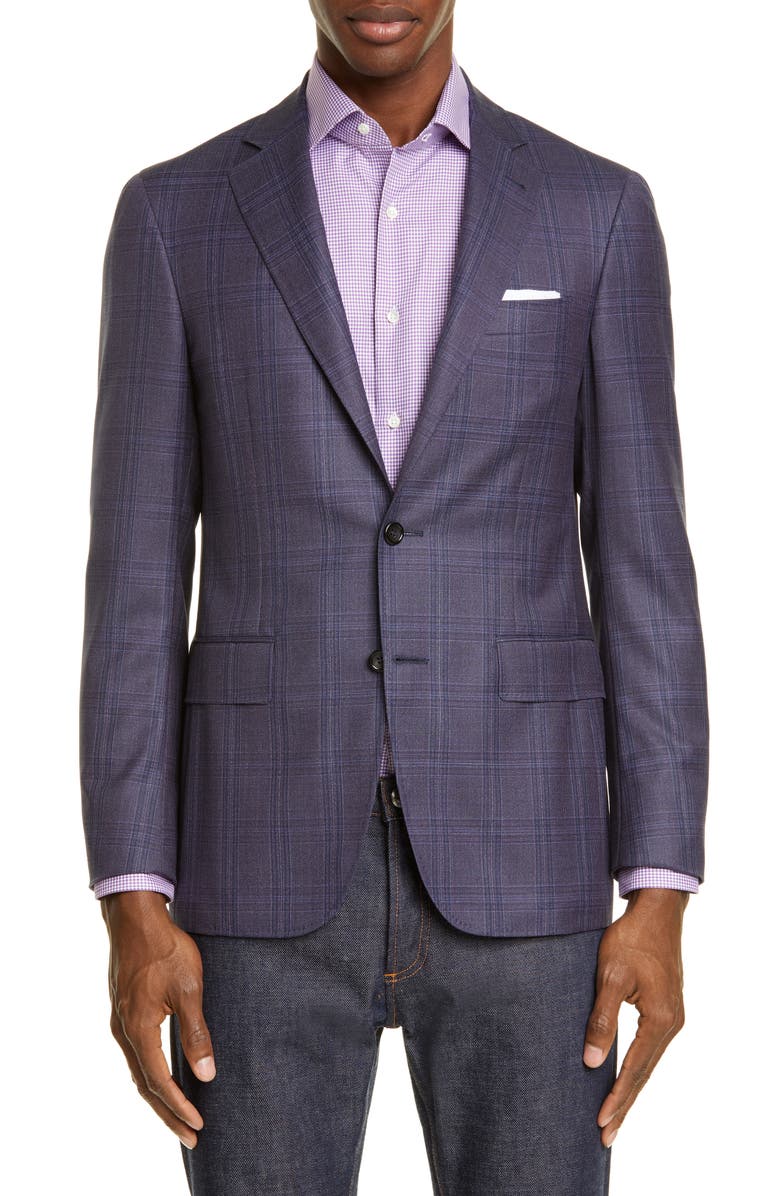 Canali Kei Trim Fit Plaid Wool Sport Coat, Main, color, 
