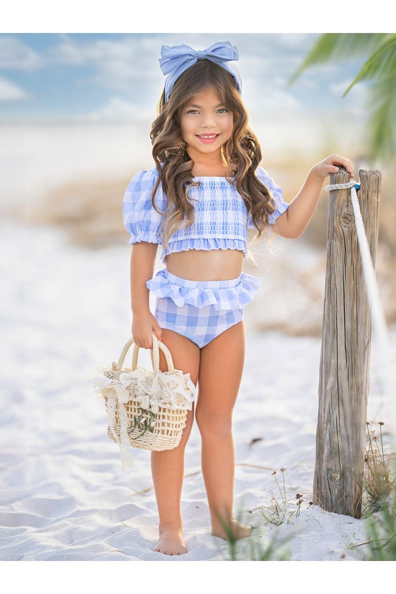 Girls Blue Skies Gingham Puff Sleeve Two-Piece Swimsuit, Alternate, color, Blue