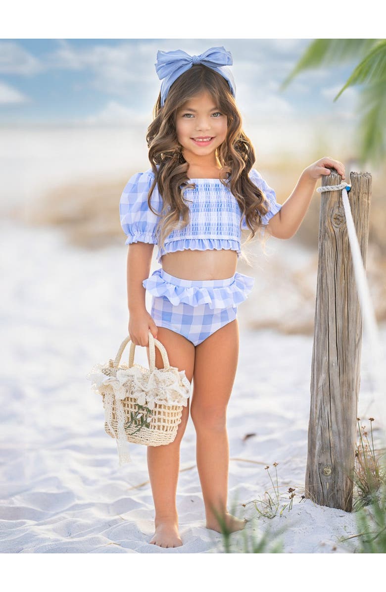 Mia Belle Girls Girls Blue Skies Gingham Puff Sleeve Two-Piece Swimsuit, Alternate, color, Blue