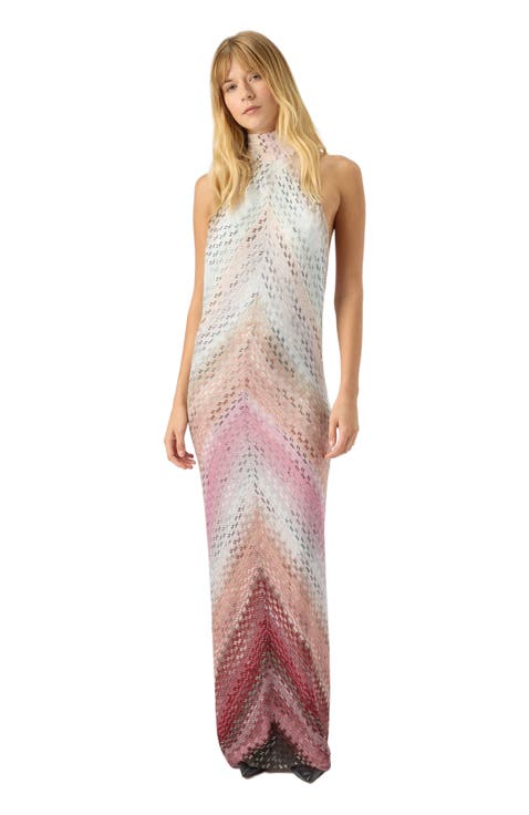 Long Halter-neck Dress With Staggered Zigzag Pattern