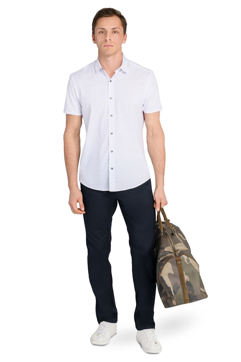 Trim Fit Hashtag Print Short Sleeve Performance Button-Up Shirt, Alternate, color, BLUE