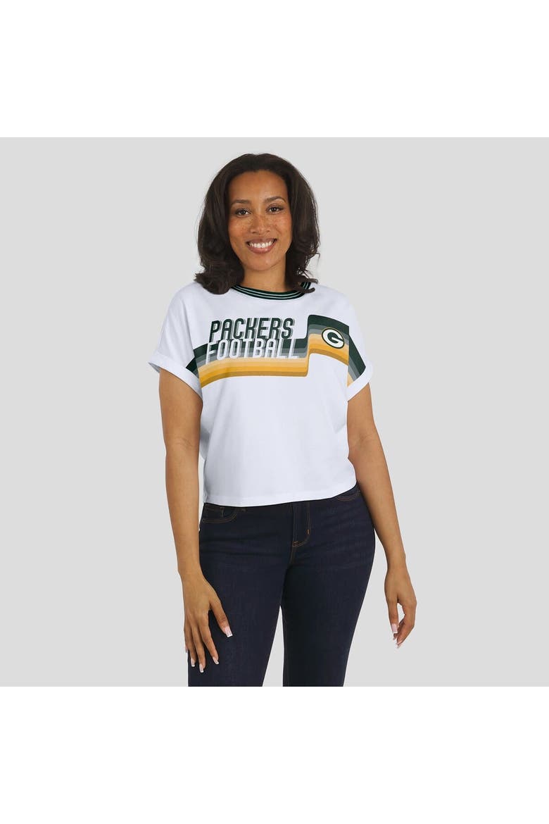Women's WEAR by Erin Andrews White Green Bay Packers Cropped Center Stripe Dolman T-Shirt, Alternate, color, White