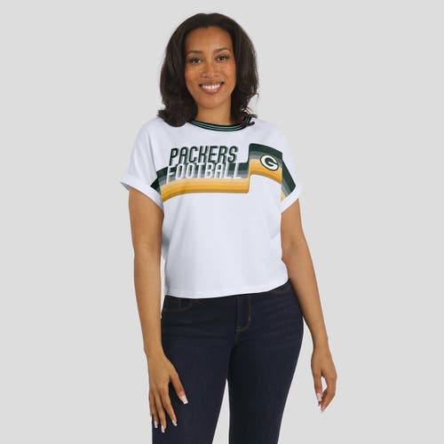 Wear By Erin Andrews White Green Bay Packers Cropped Center Stripe Dolman T-shirt In White