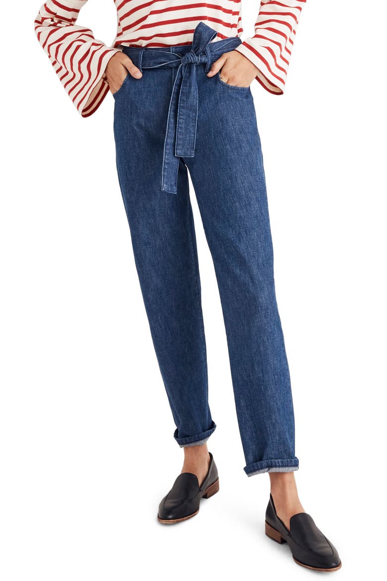 Tie Waist Tapered Denim Pants, Main, color, DEVINE