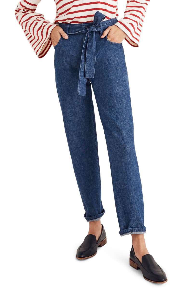Madewell Tie Waist Tapered Denim Pants, Main, color, 