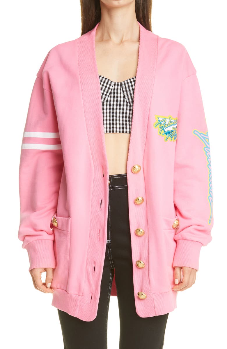 Balmain Logo Sun Bleached Cotton Cardigan, Main, color,