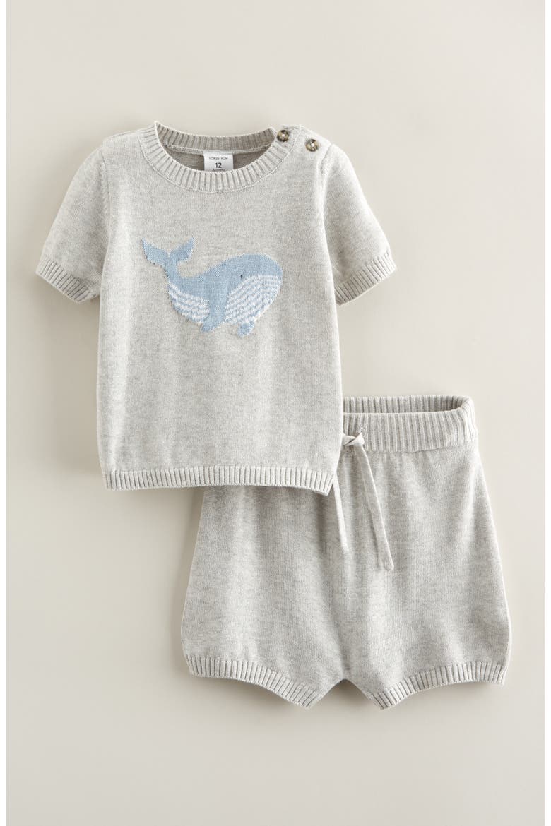Motif Short Sleeve Cotton Blend Sweater & Shorts Set, Main, color, GREY LIGHT HEATHER WHALE BUDDY