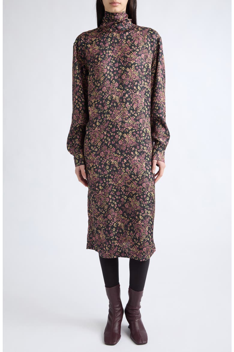 Dontisy Floral Jacquard Long Sleeve Knit Turtleneck Dress, Main, color, BLACK