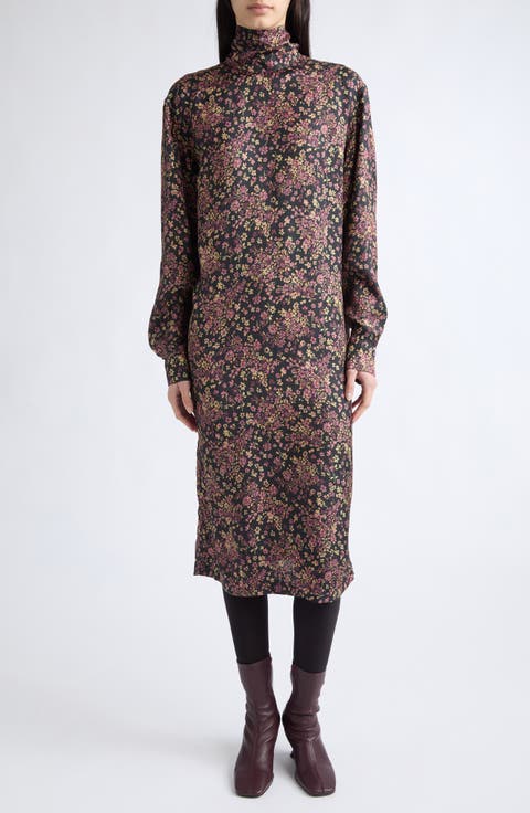 Dontisy Floral Jacquard Long Sleeve Knit Turtleneck Dress