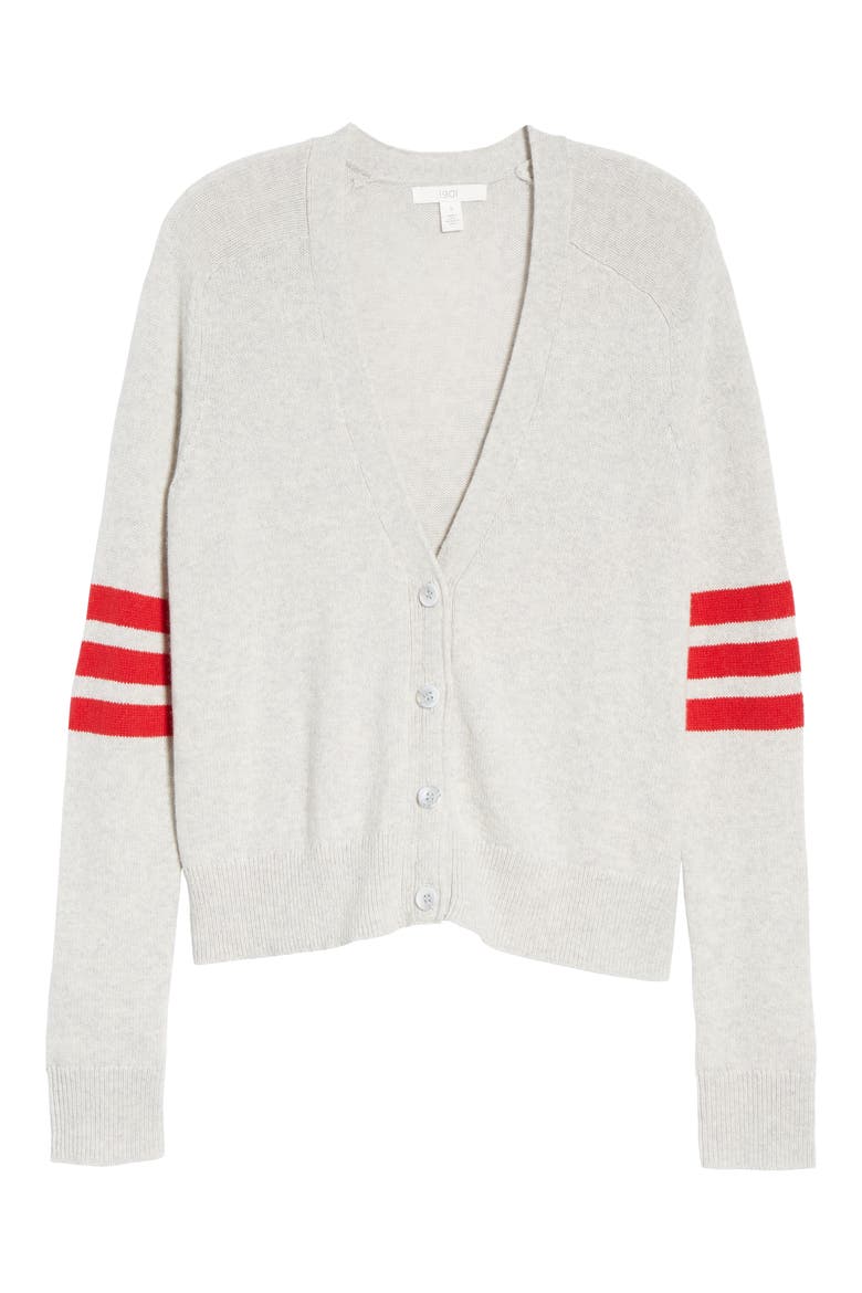 Preppy V-Neck Cardigan, Alternate, color, GREY- RED COMBO