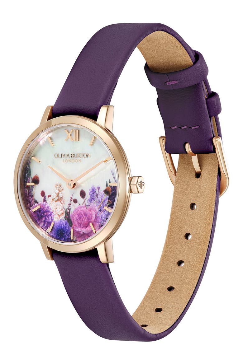 Autumn Floral Leather Strap Watch, 28mm, Alternate, color, PURPLE