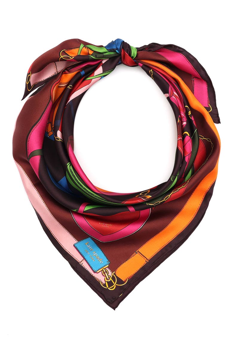 bag print square silk bandana scarf, Main, color, RED MULTI