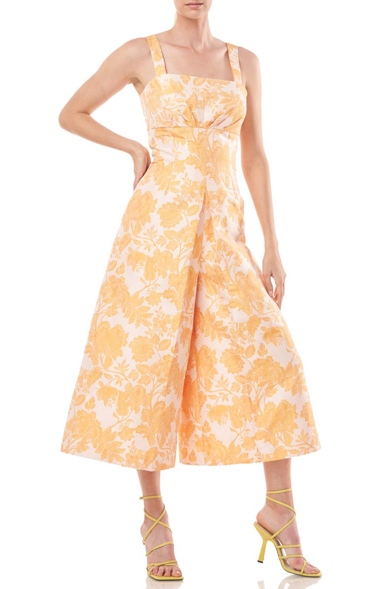 Kay Unger Ingrid Floral Jacquard Jumpsuit, Main, color, Mango