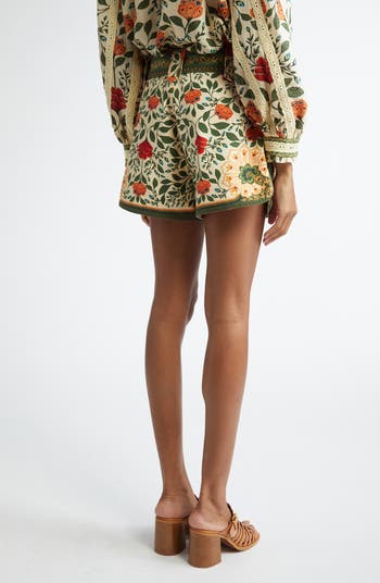 Garden Tapestry Print Belted Cotton Twill Shorts