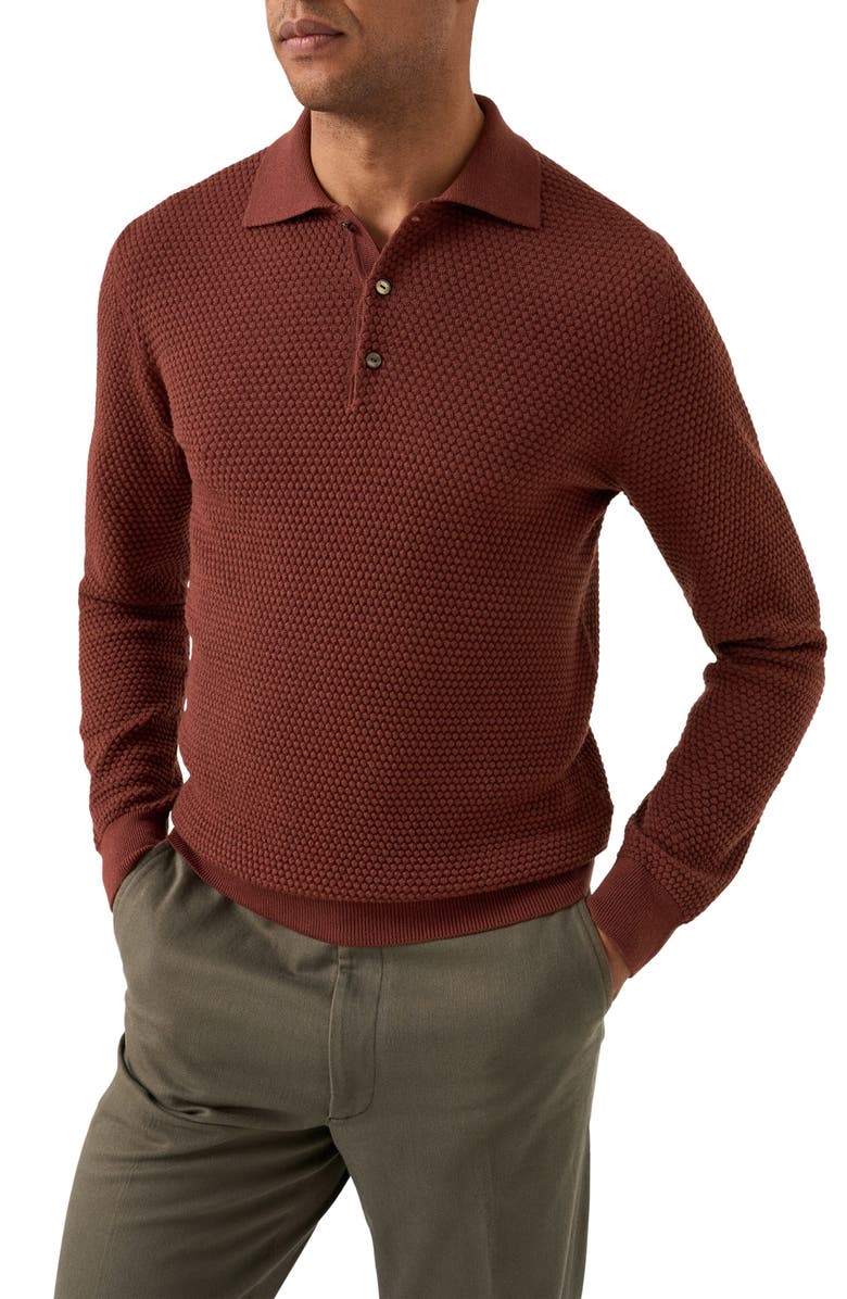 Eton Merino Wool Pop Stitch Long Sleeve Polo, Main, color, Red