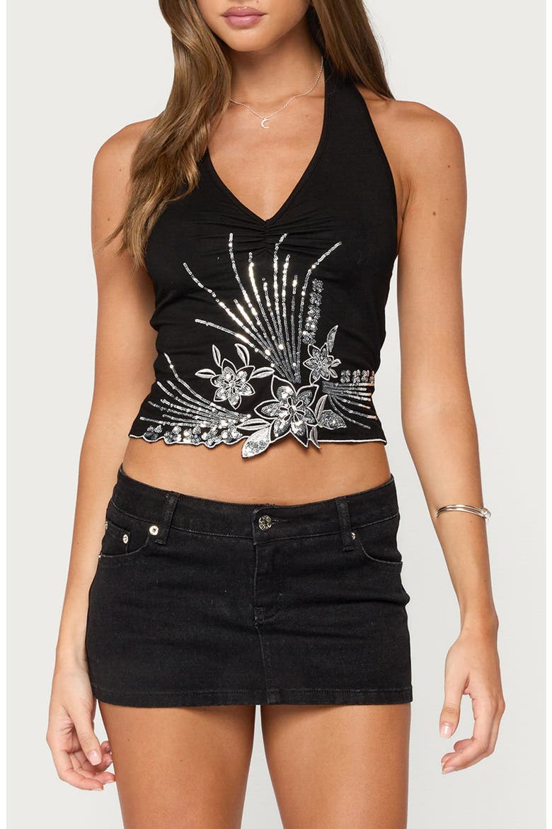 Aelixa Sequined Floral Halter Top, Main, color, BLACK