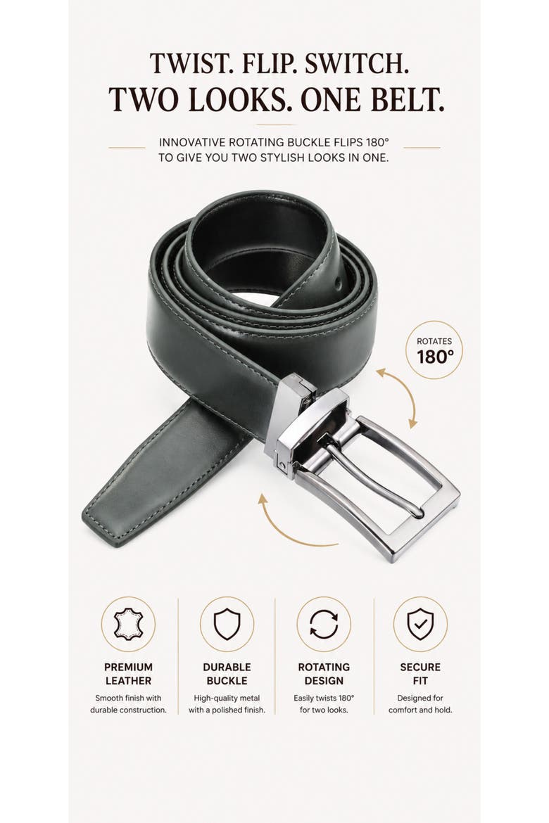 Reversible Leather Belt with Rotating Buckle, Alternate, color, Charcoal/Black