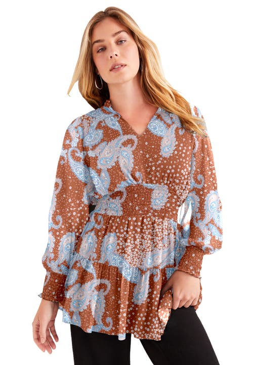 June + Vie Smocked Georgette Tunic In Multi