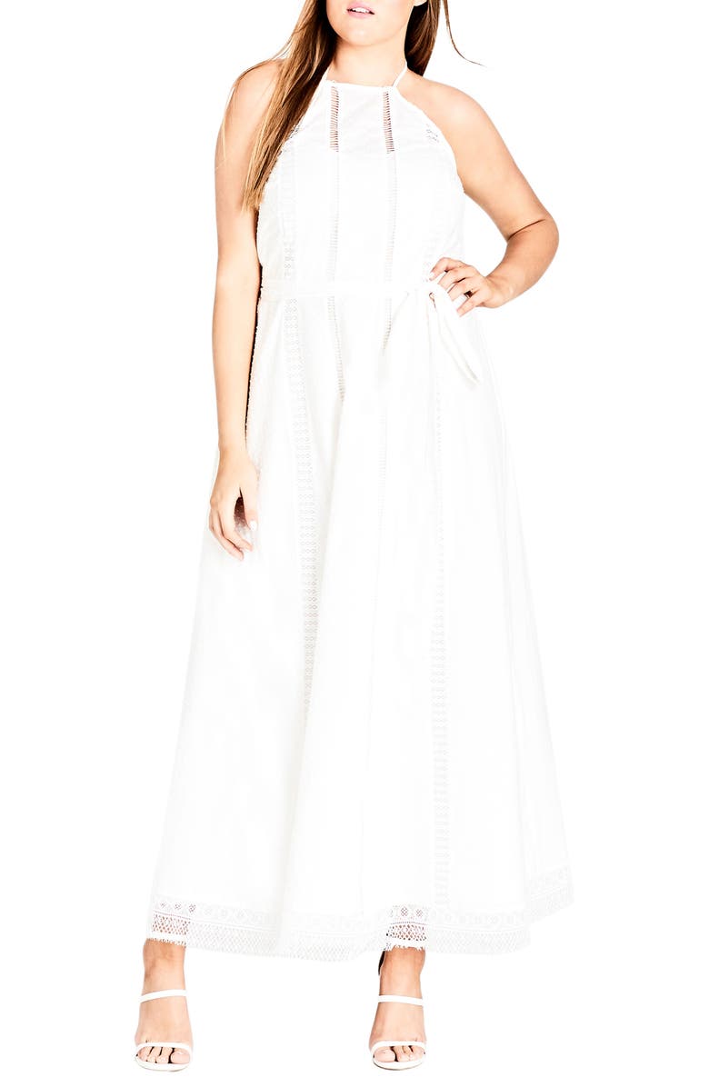 City Chic Lace Trim Swiss Dot Halter Maxi Dress, Main, color, 