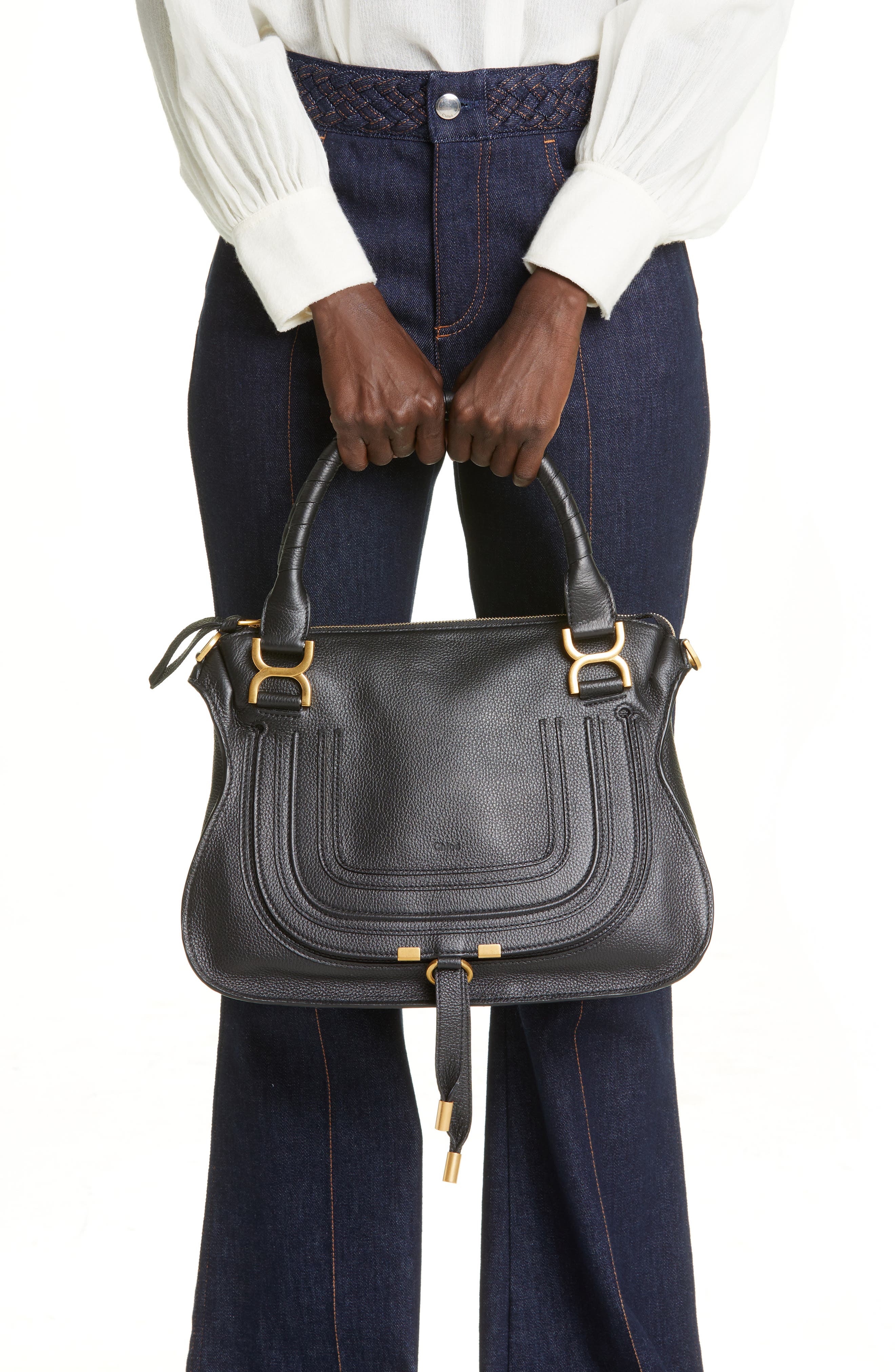 Chloé Medium Marcie Leather Satchel, Alternate, color, Black