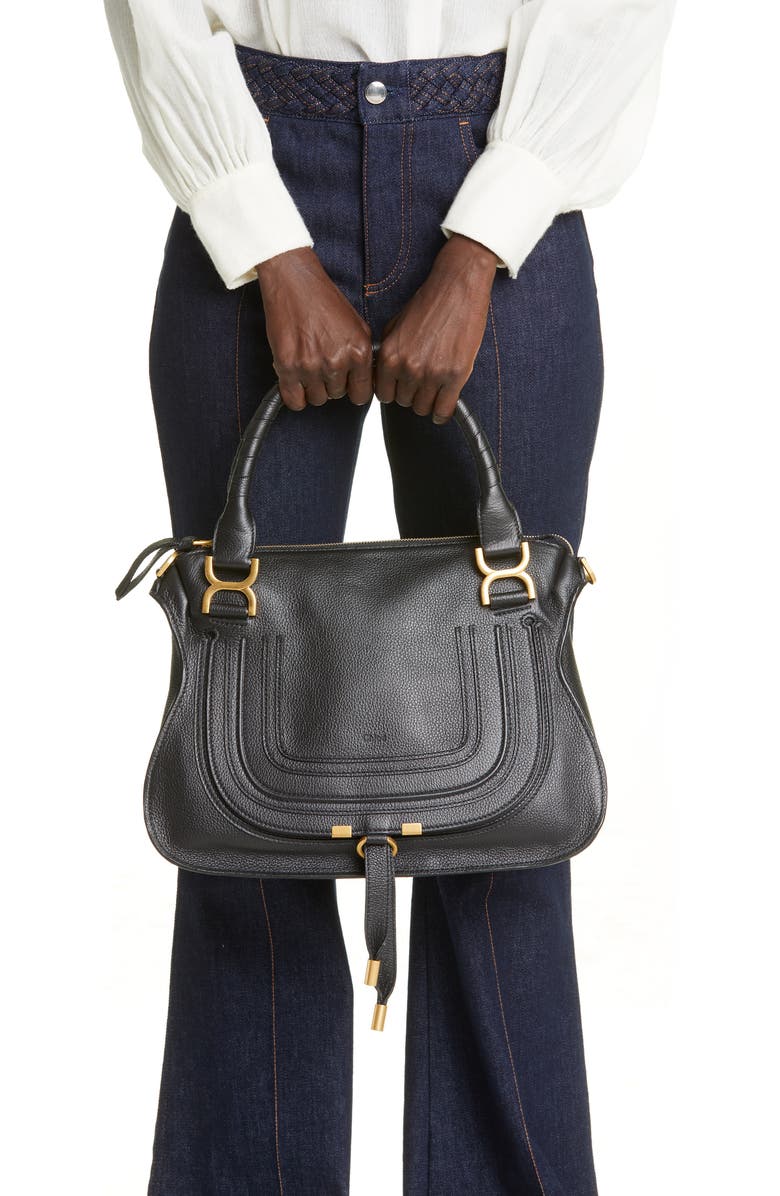 Chloé Medium Marcie Leather Satchel, Alternate, color, Black