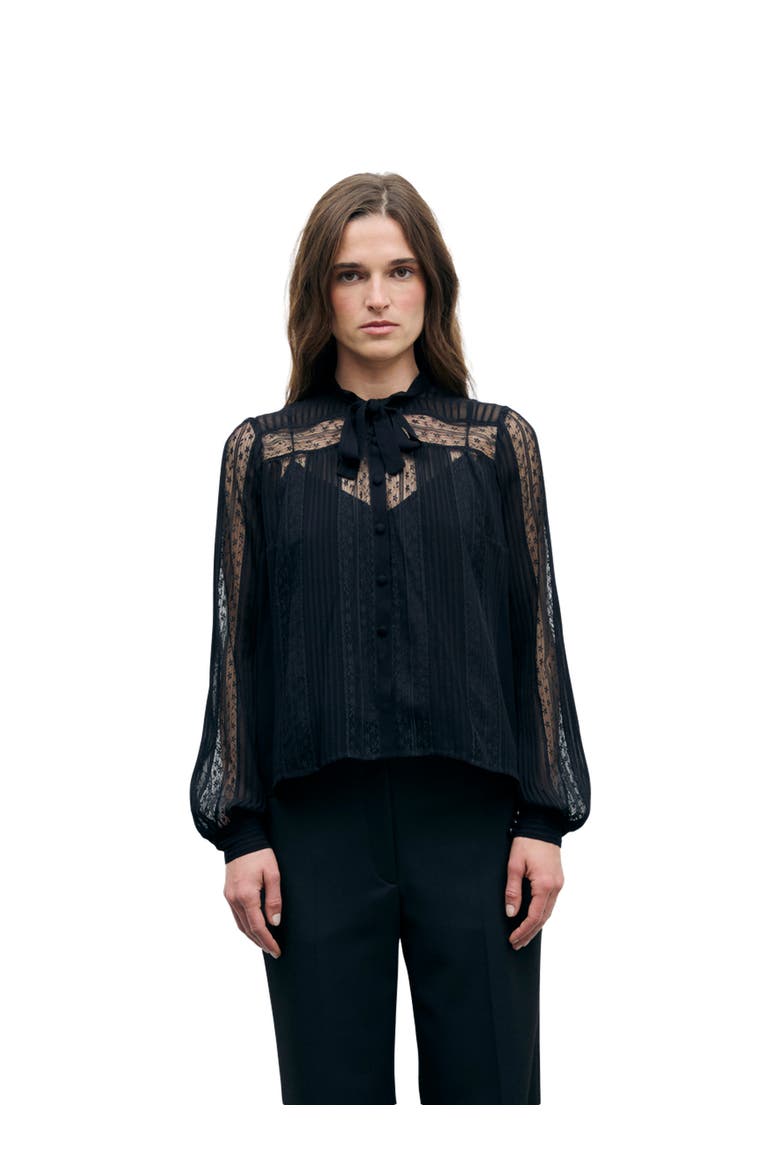 Lonnie Sheer Tie Neck Shirt, Main, color, Black