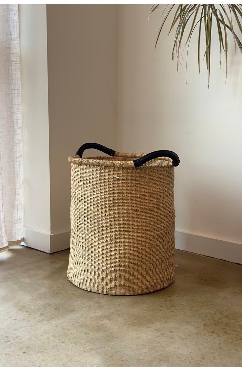 Mbare Handwoven Double Weave Pot Basket with Black Leather Handles, Alternate, color, Natural