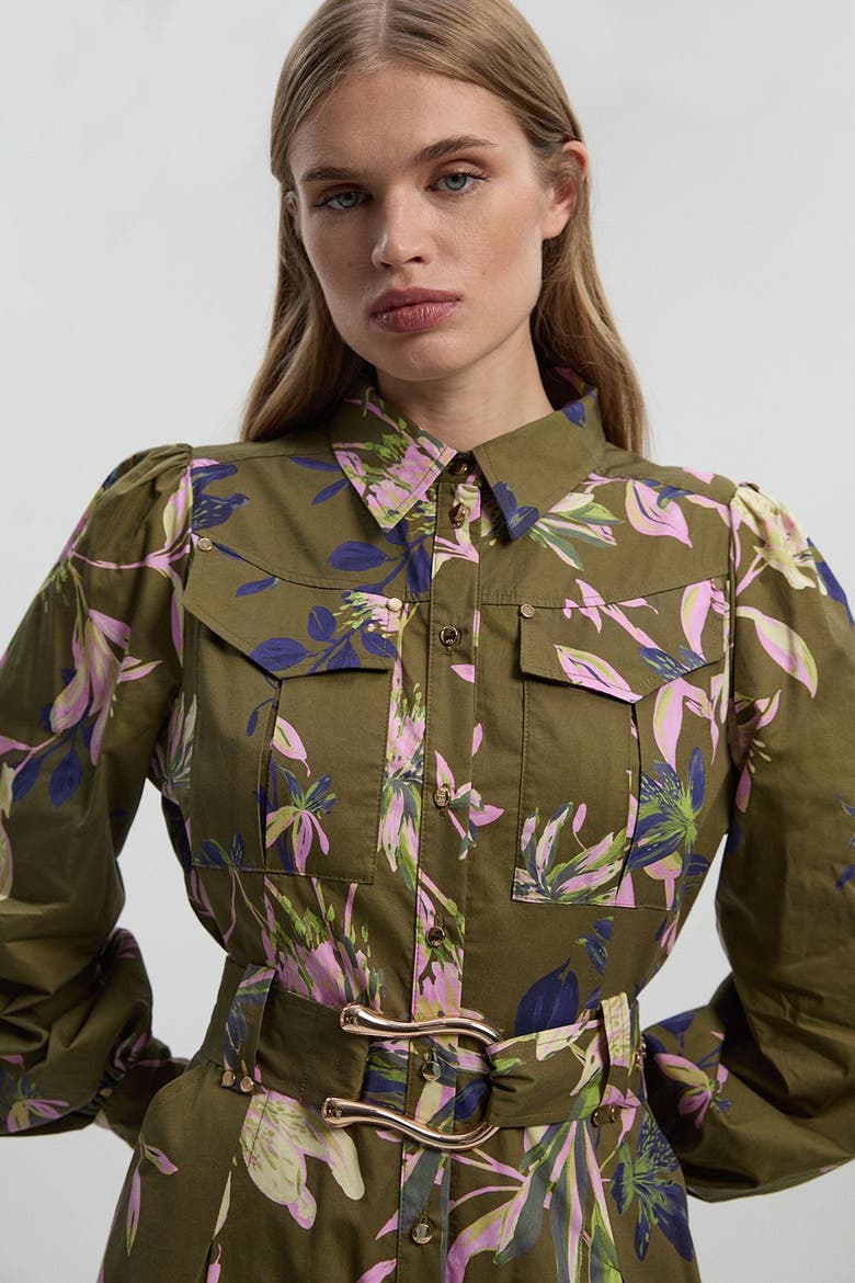 Floral Cotton Sateen Midi Shirt Dress, Alternate, color, Khaki