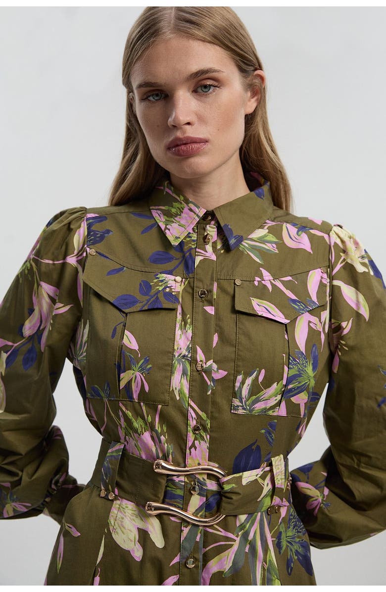 Karen Millen Floral Cotton Sateen Midi Shirt Dress, Alternate, color, Khaki