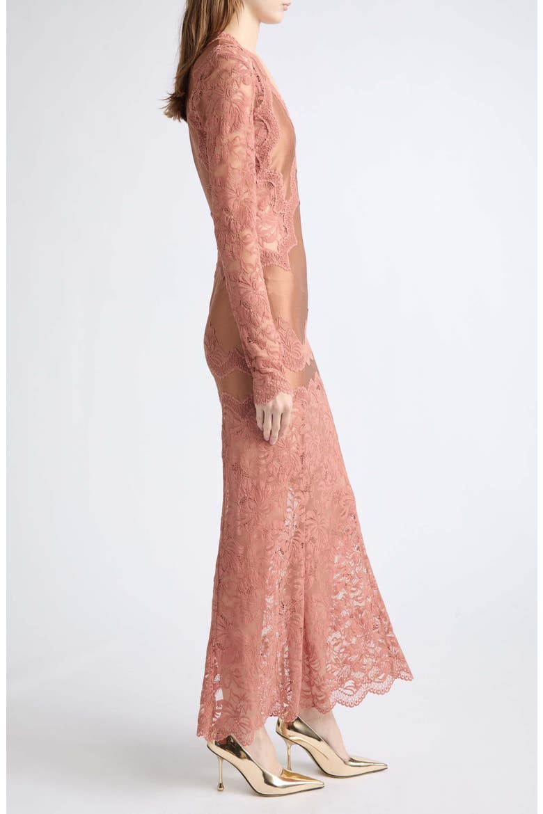 Lace Detail Long Sleeve Satin Maxi Dress, Alternate, color, NEW CARAMEL