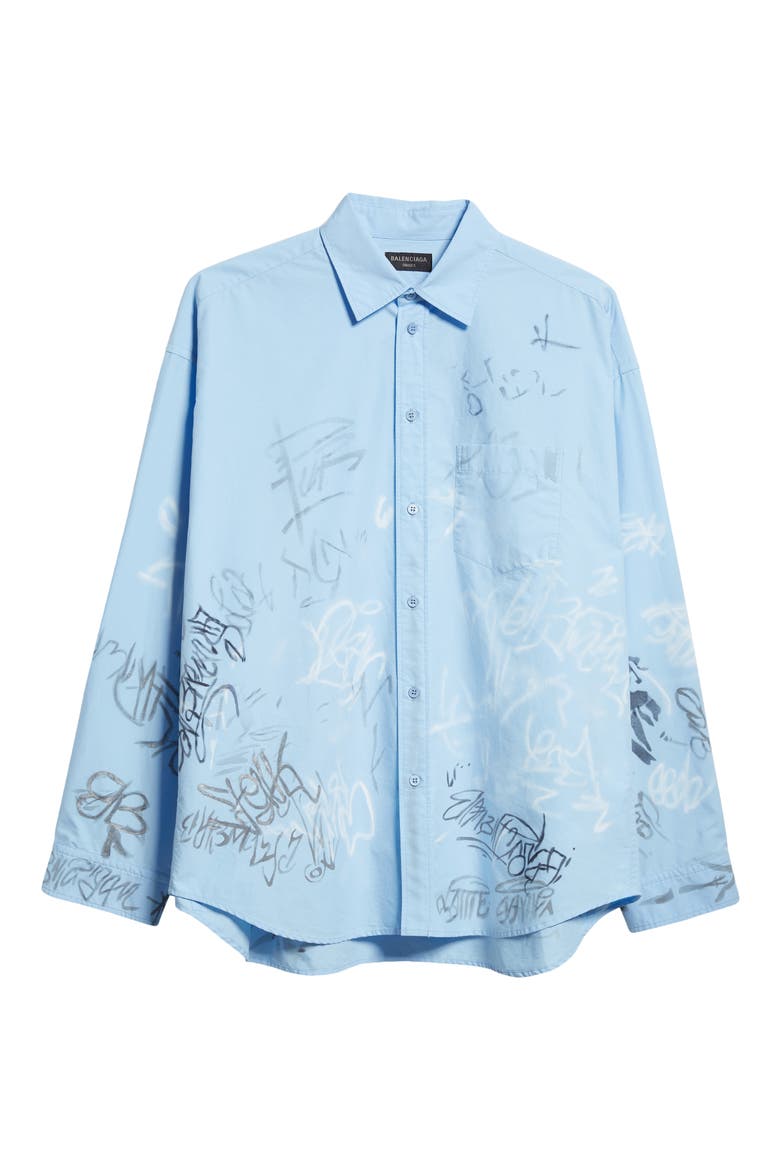 Gender Inclusive Graffiti Print Oversize Cotton Poplin Button-Up Shirt, Alternate, color, SKY BLUE