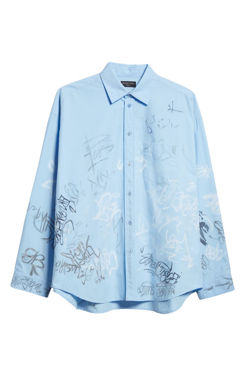 Balenciaga Gender Inclusive Graffiti Print Oversize Cotton Poplin Button-Up Shirt, Alternate, color, 