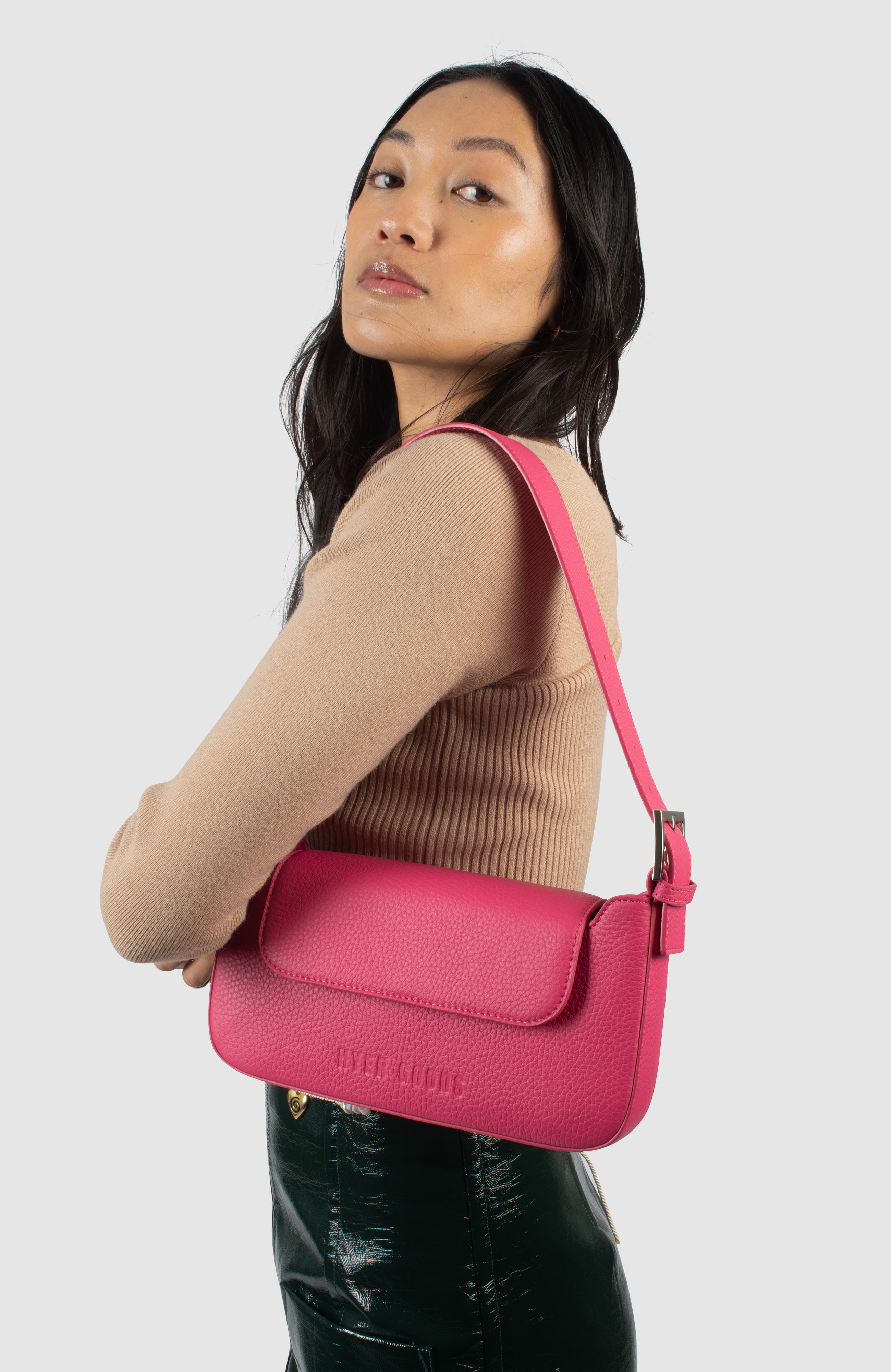 HYER GOODS Upcycled Leather Shoulder Bag with Buckle, Alternate, color, Fuschia