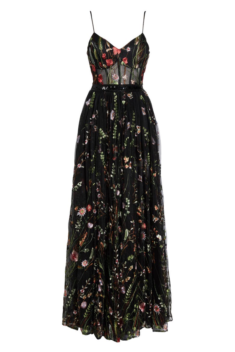 Embroidered Mesh Bustier Gown, Alternate, color, BLACK/MULTI