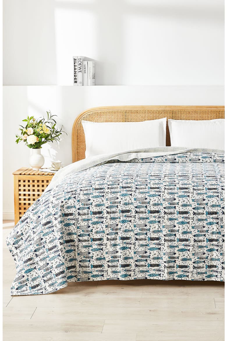 Fish Kantha Cotton Coverlet, Alternate, color, INDIGO