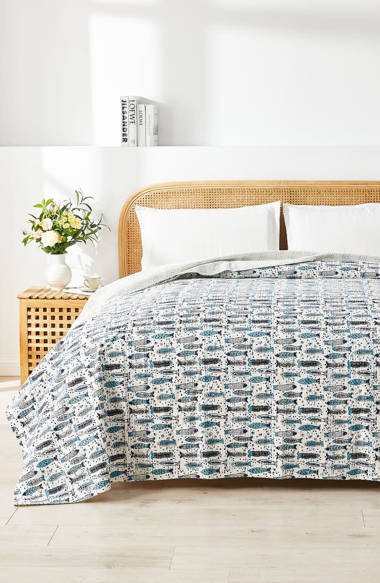 MELANGE HOME Fish Kantha Cotton Coverlet, Alternate, color, Indigo