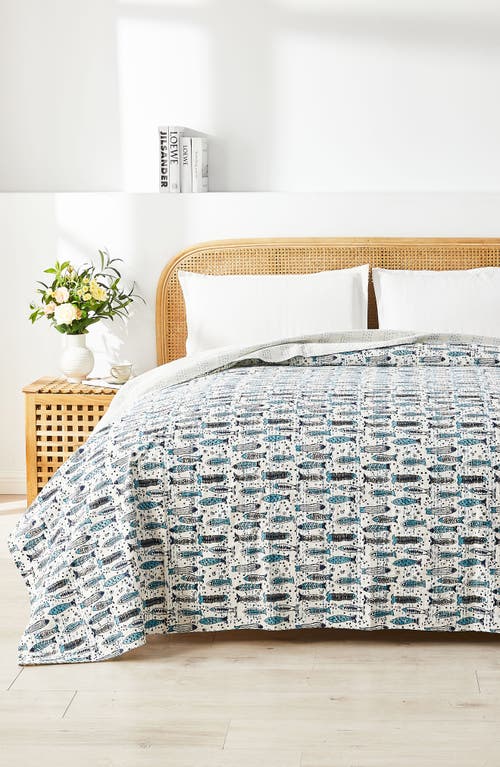 Melange Home Fish Kantha Cotton Coverlet In Indigo