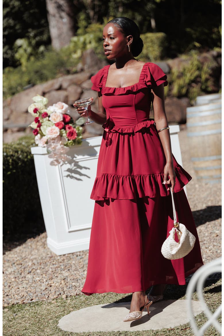 Delavine Ruffled Maxi Dress, Alternate, color, BURGUNDY