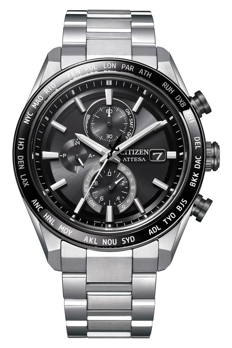 ATTESA Atomic Timekeeping Chronograph Super Titanium™ Bracelet Watch, 42mm, Main, color, DARK GREY/ SILVER