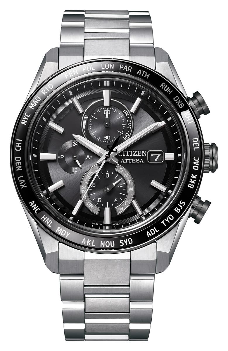 Citizen ATTESA Atomic Timekeeping Chronograph Super Titanium<sup>™</sup> Bracelet Watch, 42mm, Main, color, Dark Grey/ Silver
