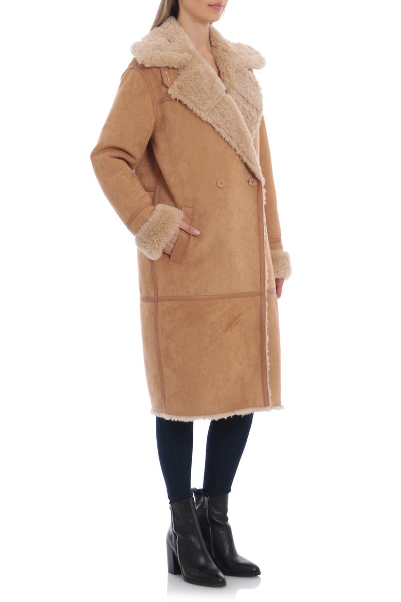 Faux Shearling Double Breasted Coat, Alternate, color, TOFFEE