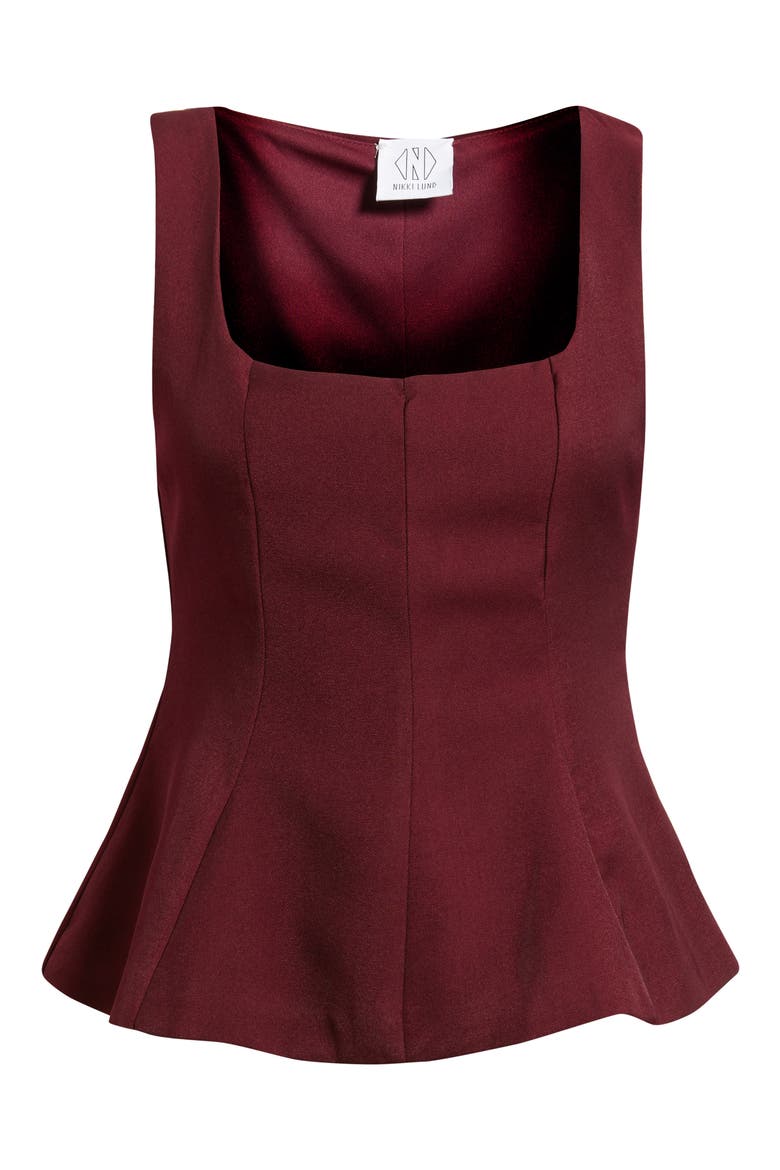 Maron Square Neck Sleeveless Peplum Top, Alternate, color, BURGUNDY